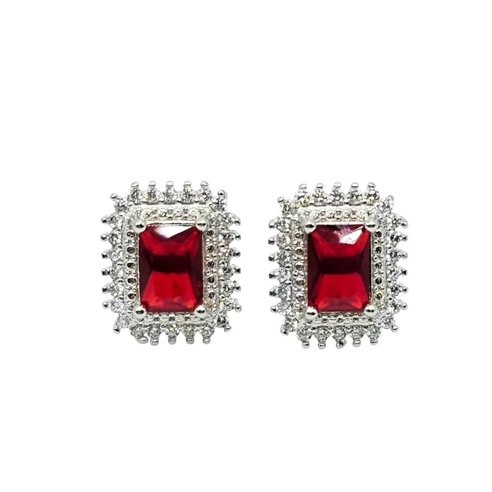 Silver Tone Red Ruby CZ Earrings